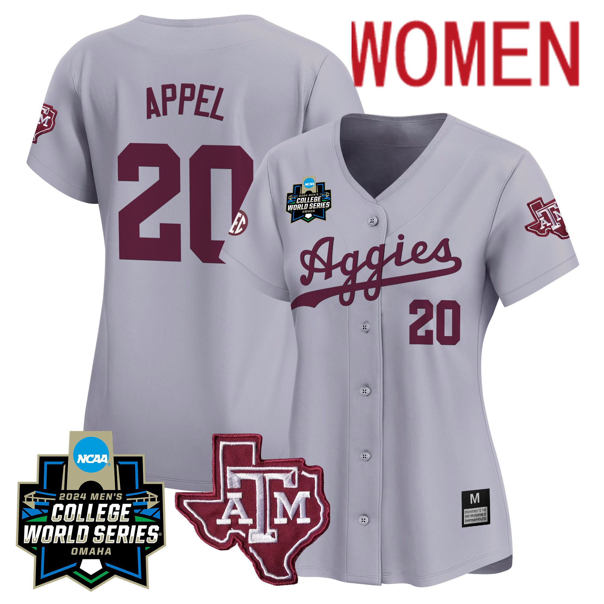 Women Texas A&M Aggies #20 Appel Grey 2024 College World Series Vapor Premier Limited NCAA Jersey